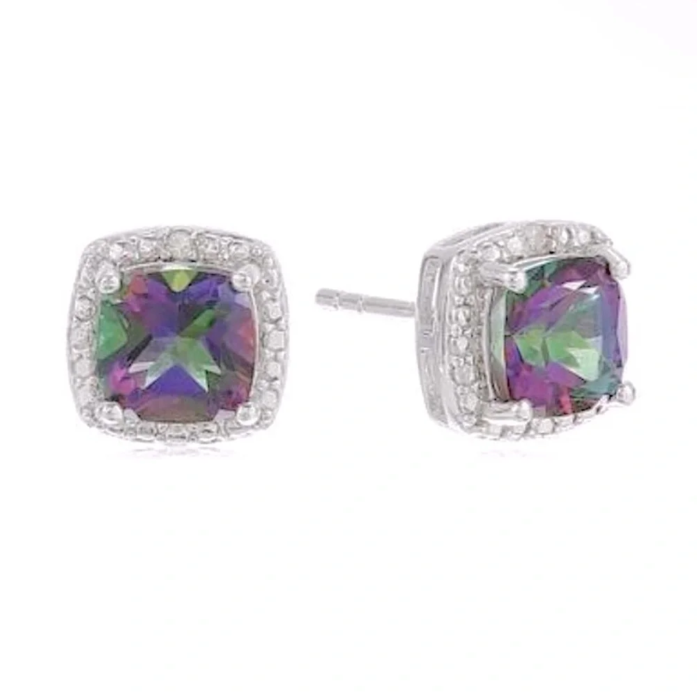Mystic‎ Fire Topaz Cushion Cut Stud Earrings & Dichroic Fused Glass Foil Pendant
